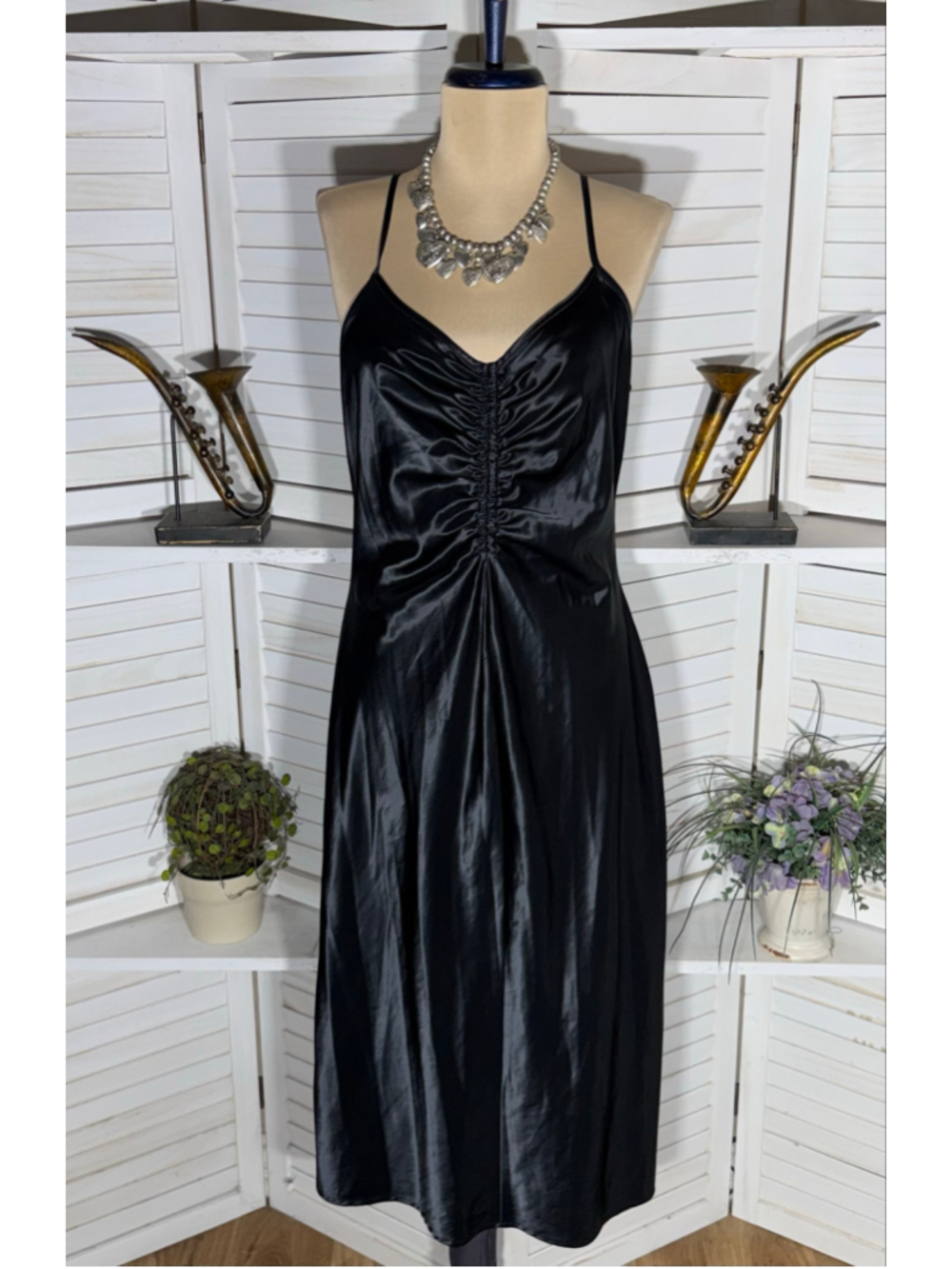 Black satin slip dress ruched front sweetheart cocktail whimsigoth punk alt sz M